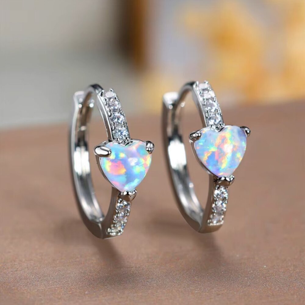 18k White Gold Opal Diamond Earrings Heart Shaped Opal Hoop Earrings